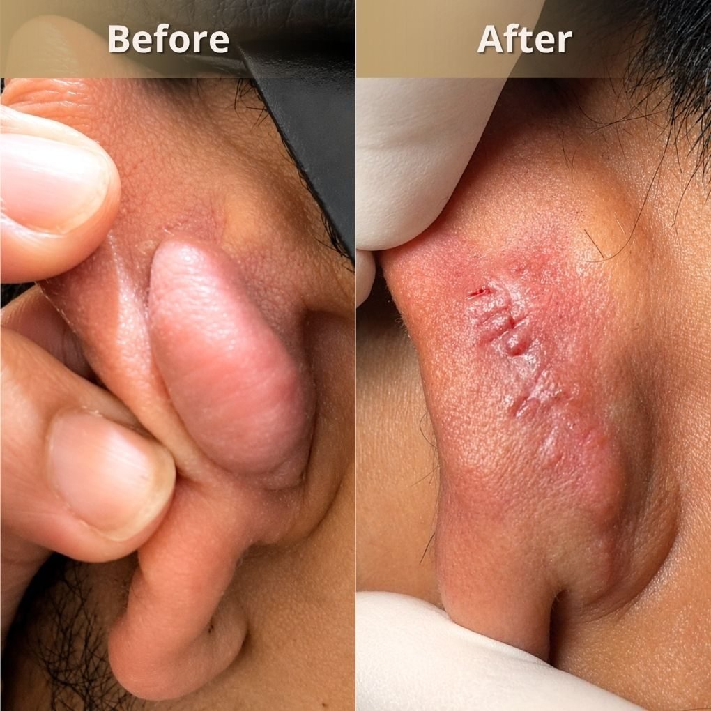 Foto sebelum dan sesudah Keloid Management pada pasien The Mercy Clinic