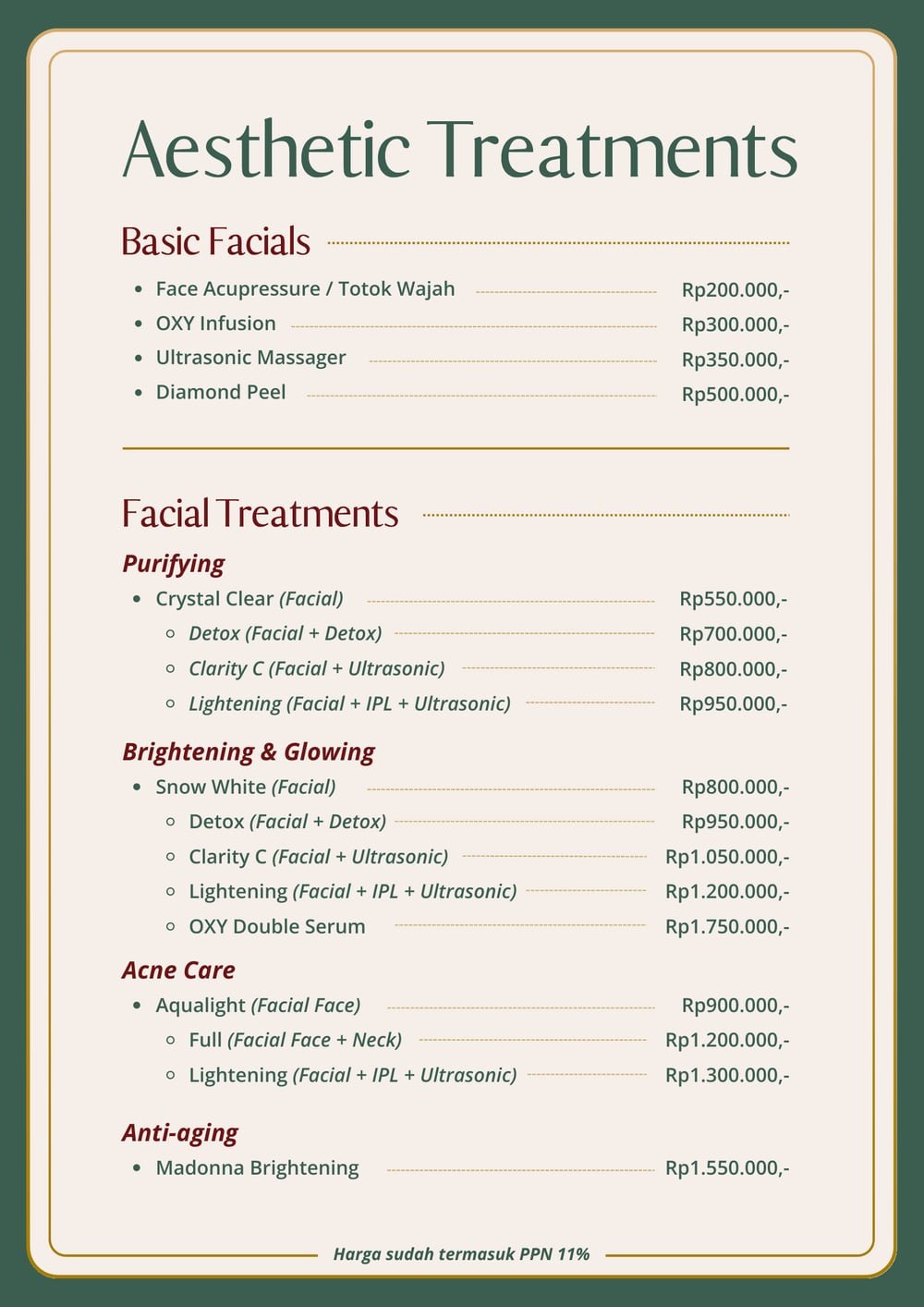 Halaman pricelist The Mercy Clinic berisi Basic Facials dan Facial Treatments: Crystal Clear, Snow White, Aqualight, dan Madonna Brightening beserta harganya
