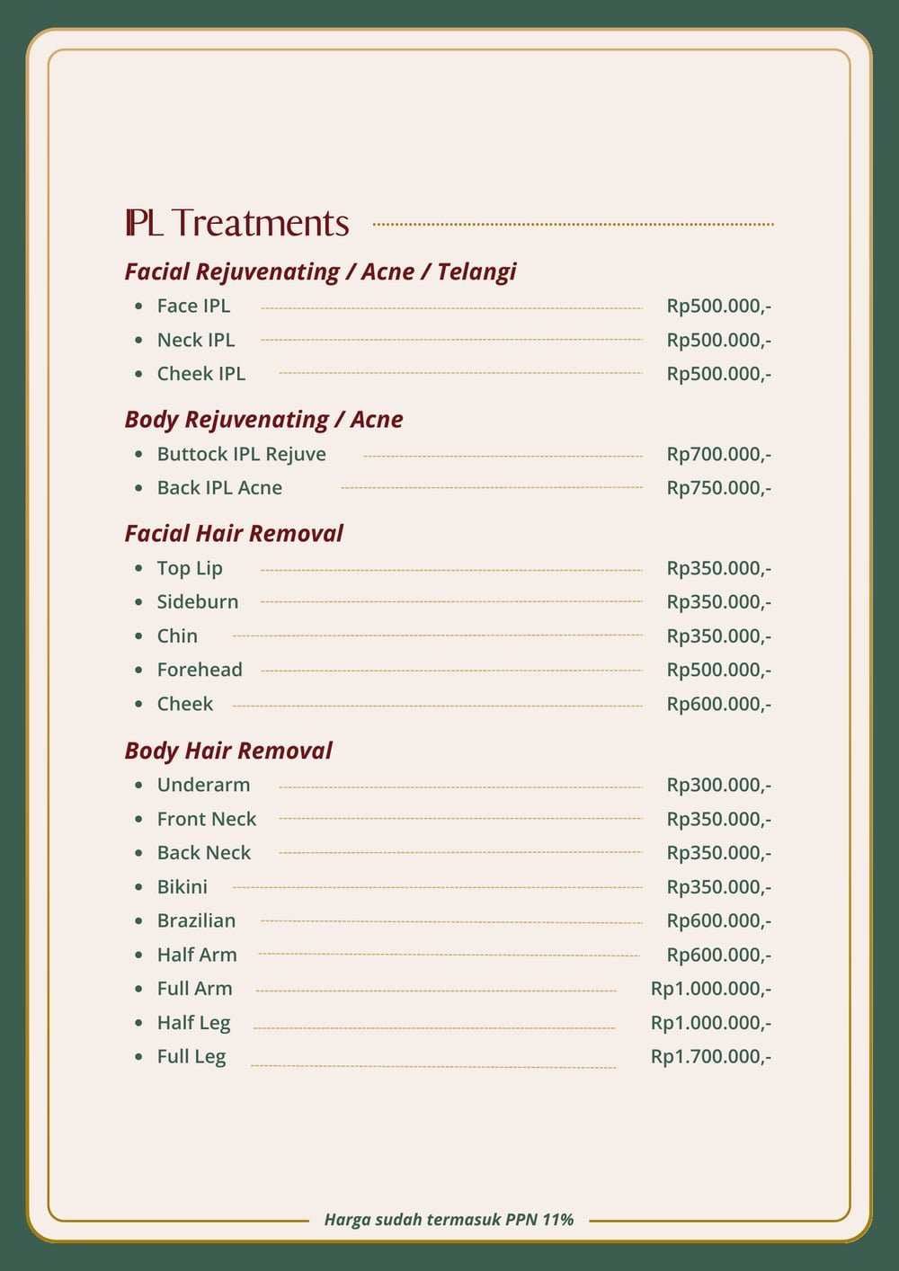 Halaman pricelist The Mercy Clinic berisi IPL Treatments untuk peremajaan, jerawat, dan hair removal wajah maupun badan beserta harganya