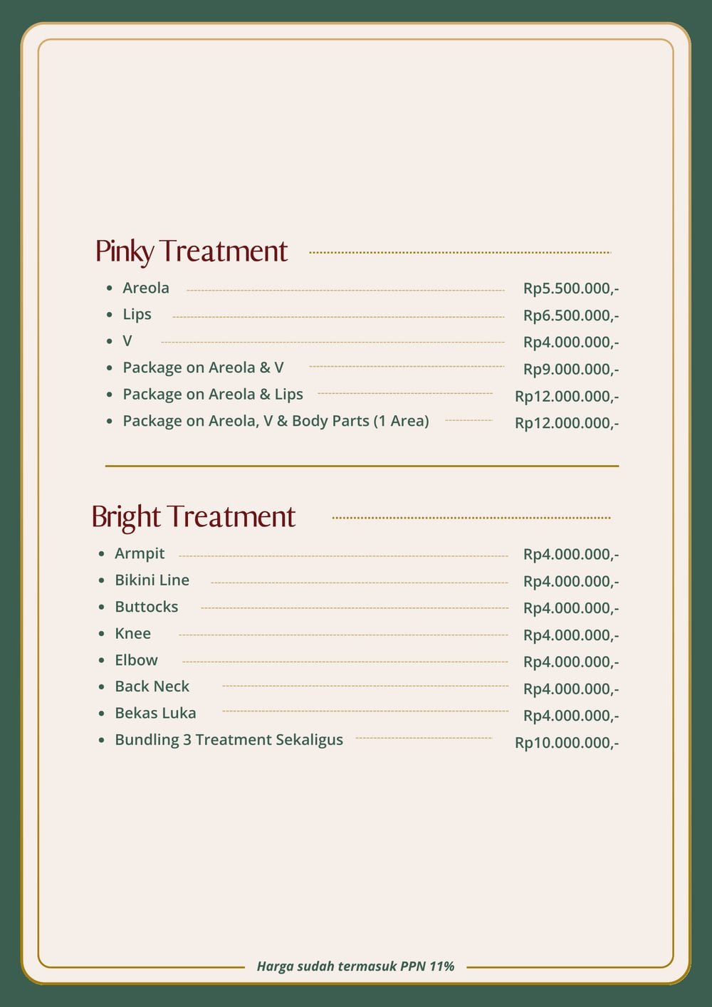 Halaman pricelist The Mercy Clinic berisi Pinky Treatment dan Bright Treatment beserta harganya