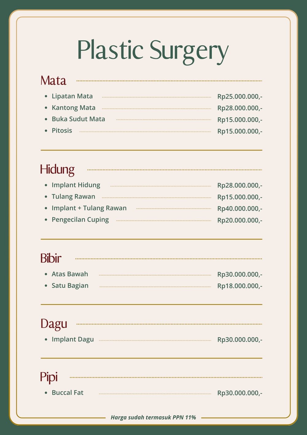 Halaman pricelist The Mercy Clinic berisi Plastic Surgery cabang Jakarta area wajah: bedah mata, hidung, bibir, dagu, dan pipi beserta harganya