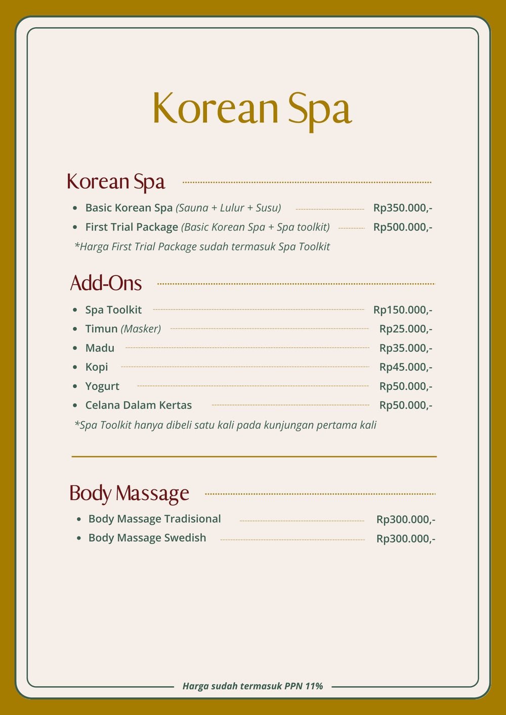 Halaman pricelist The Mercy Clinic berisi Korean Spa, Add-Ons, dan Body Massage beserta harganya